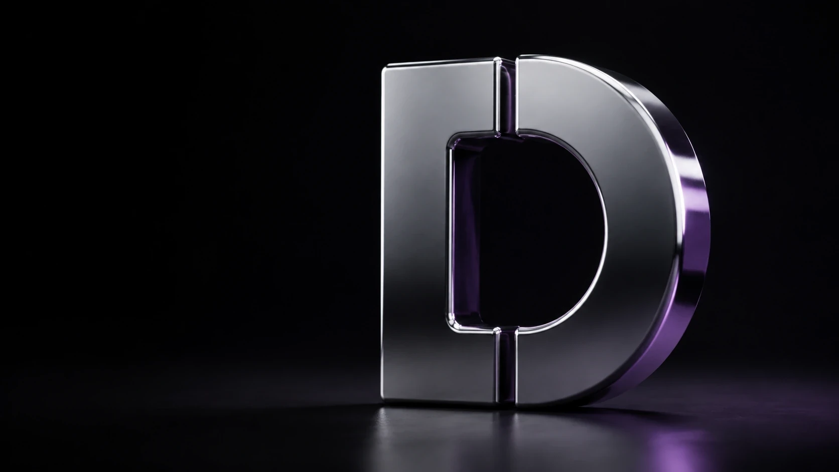 Deimion’s split D logo as a chrome sculpture with deep purple reflections.